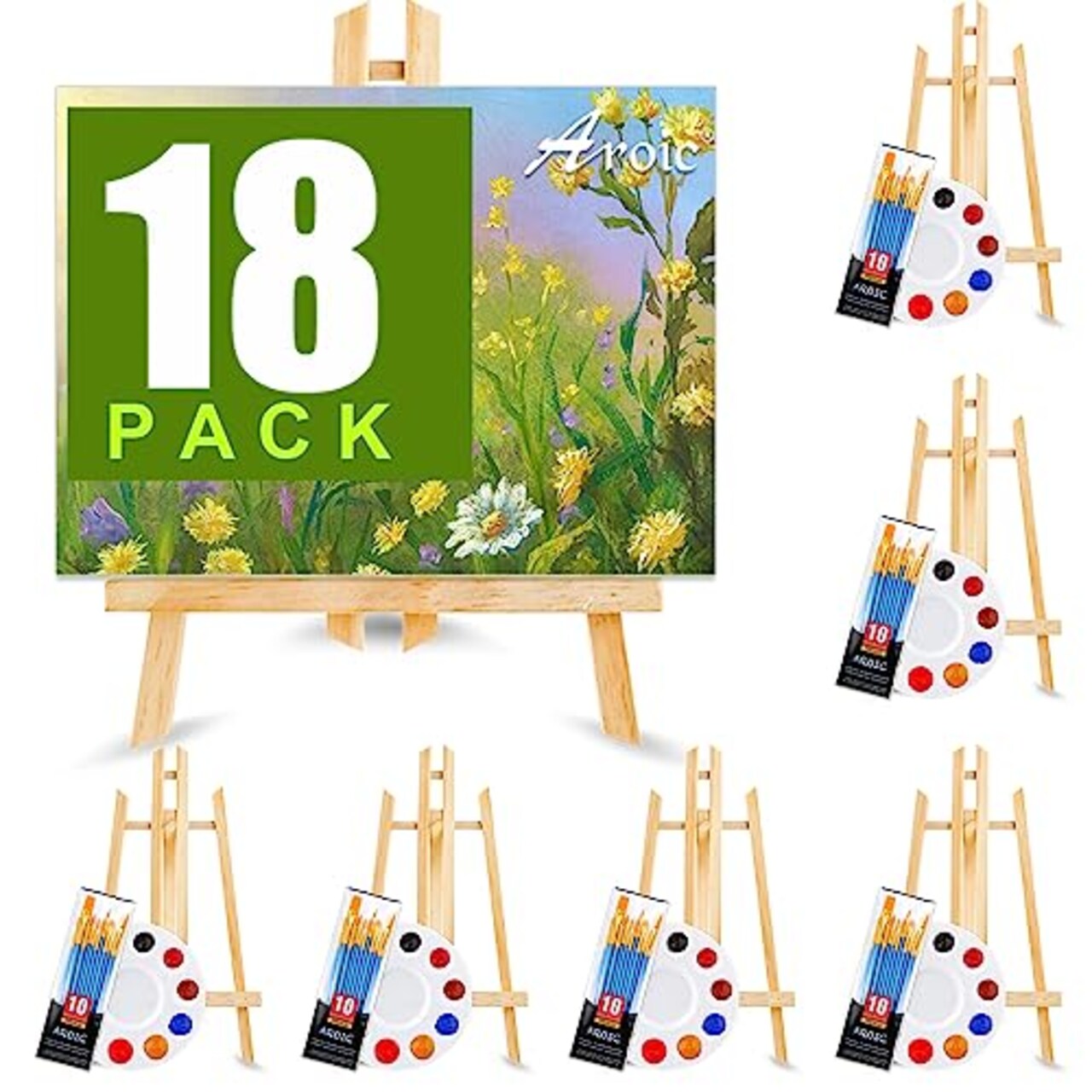 72 PCS Professional Painting Set with Easels, 6 PCS Wood Easels,6 Packs of 60 Brushes with Nylon Brush Head and 6 pcs Palettes, Painting Supplies kit for Kids & Adults to Painting Party.